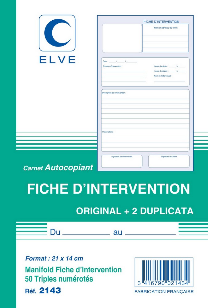 FICHE D'INTERVENTION autocopiant Tripli 210 x 140 mm Elve 2143