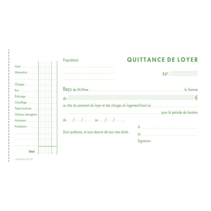 Quittance de loyer  EXACOMPTA 43E Carnet autocopiant Tripli