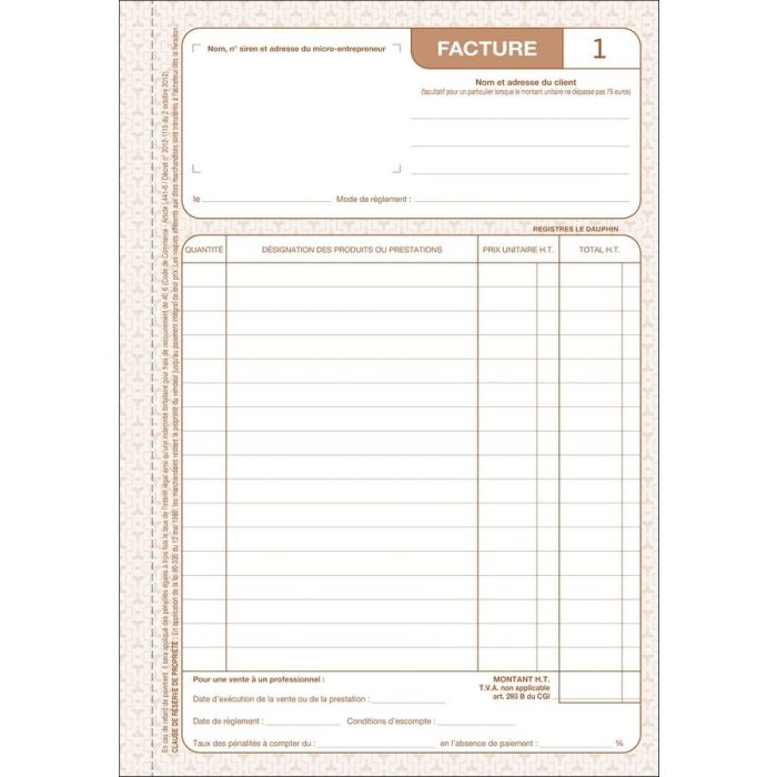 Facturier Auto-Entrepreneur Carnet 210 x 148 mm Le DAUPHIN 1242D