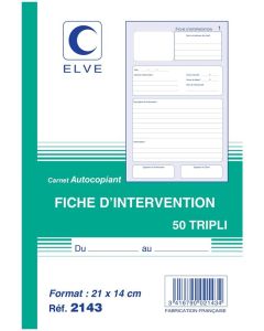 Fiche d'Intervention Carnet autocopiant Tripli  A5 Manifold 2143 Elve
