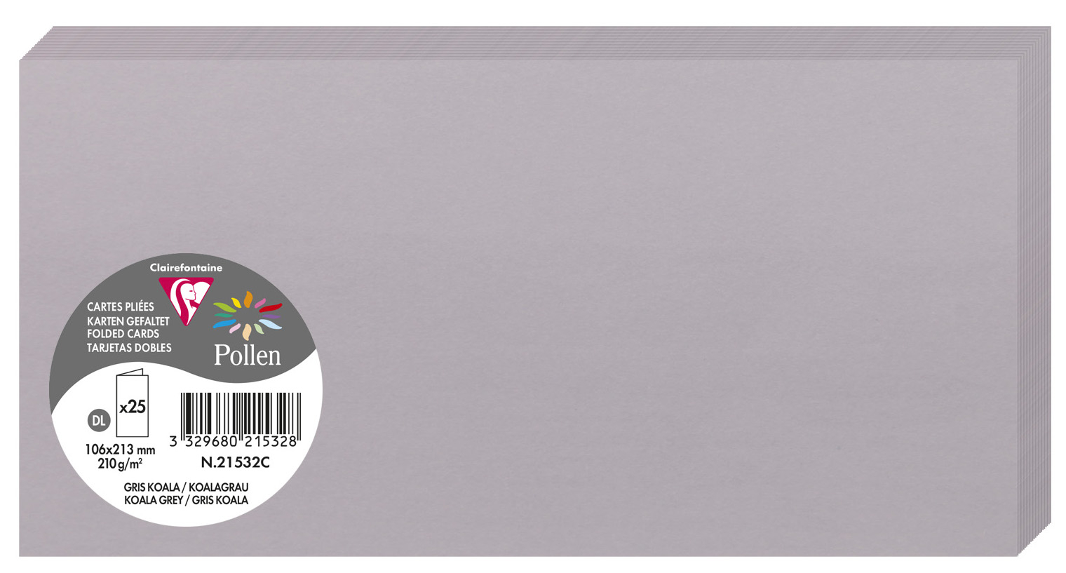 POLLEN Cartes double en papier - Gris Koala - 106 x 213 mm : Lot de 25