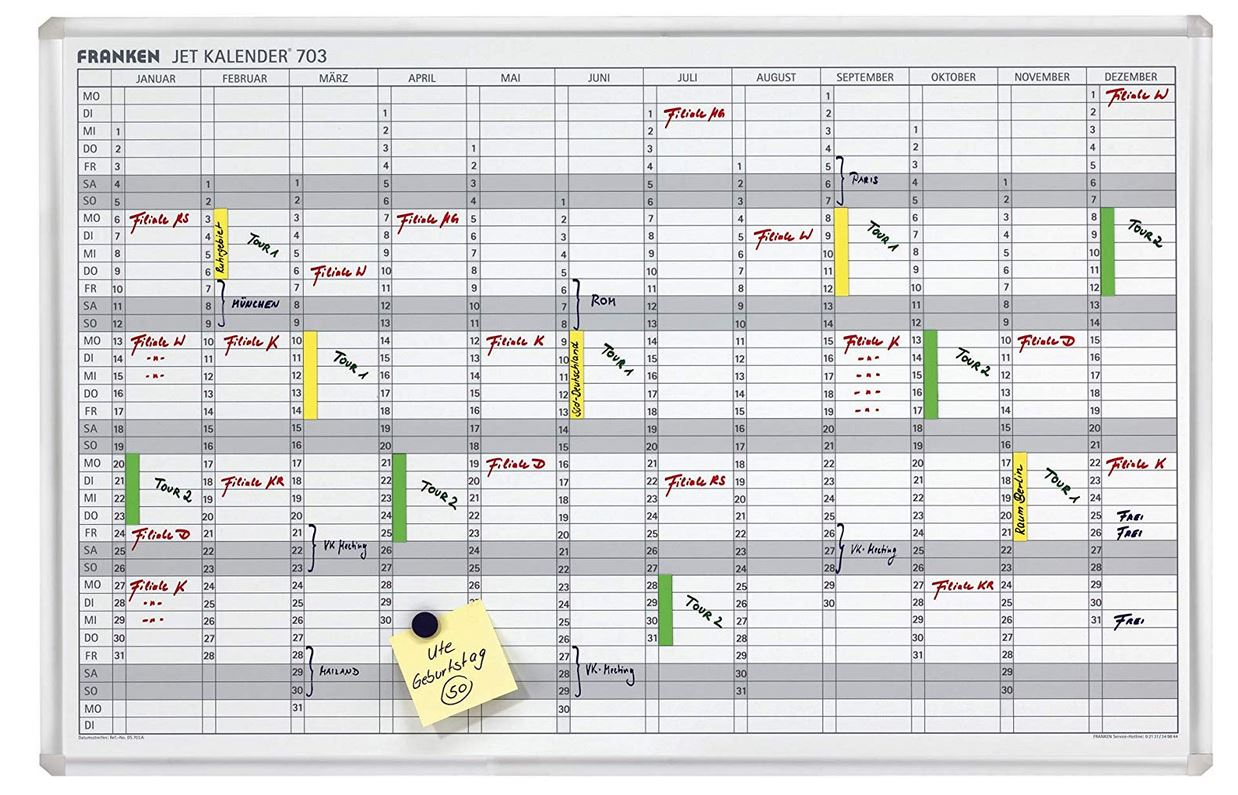 Planning annuel à fiches T, indice 2 - 16 colonnes Franken sur