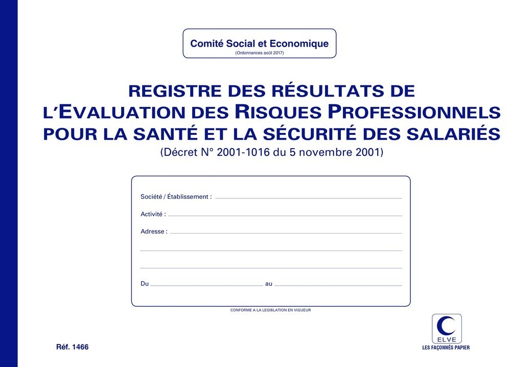 Registre Resultat D Evaluation Des Risques Professionnels Erp Elve 1466 Arc Registres