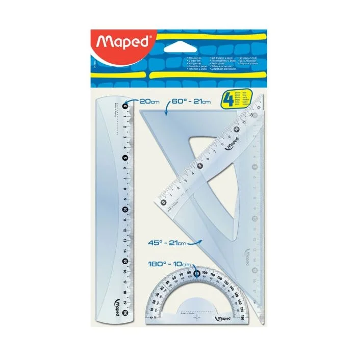 Ensemble Géométrie Maped 4 Pièces – Règle 30 Cm, équerres Et Rapporteur – Teinte Bleue – Parfait Pour L'école